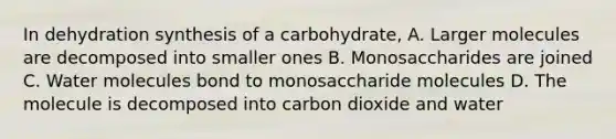 In dehydration synthesis of a carbohydrate, A. Larger molecules are decomposed into smaller ones B. Monosaccharides are joined C. Water molecules bond to monosaccharide molecules D. The molecule is decomposed into carbon dioxide and water