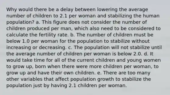 Why would there be a delay between lowering the average number of children to 2.1 per woman and stabilizing the human population? a. This figure does not consider the number of children produced per man, which also need to be considered to calculate the fertility rate. b. The number of children must be below 1.0 per woman for the population to stabilize without increasing or decreasing. c. The population will not stabilize until the average number of children per woman is below 2.0. d. It would take time for all of the current children and young women to grow up, born when there were more children per woman, to grow up and have their own children. e. There are too many other variables that affect population growth to stabilize the population just by having 2.1 children per woman.