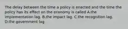 The delay between the time a policy is enacted and the time the policy has its effect on the economy is called A.the implementation lag. B.the impact lag. C.the recognition lag. D.the government lag.