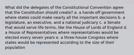 What did the delegates of the Constitutional Convention agree that the Constitution should create? a. a hands-off government where states could make nearly all the important decisions b. a legislature, an executive, and a national judiciary c. a Senate that would serve life terms, like the House of Lords of England d. a House of Representatives where representatives would be elected every seven years e. a three-house Congress where states would be represented according to the size of their population