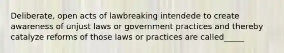 Deliberate, open acts of lawbreaking intendede to create awareness of unjust laws or government practices and thereby catalyze reforms of those laws or practices are called_____