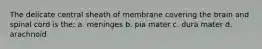 The delicate central sheath of membrane covering the brain and spinal cord is the: a. meninges b. pia mater c. dura mater d. arachnoid