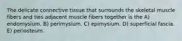 The delicate connective tissue that surrounds the skeletal muscle fibers and ties adjacent muscle fibers together is the A) endomysium. B) perimysium. C) epimysium. D) superficial fascia. E) periosteum.