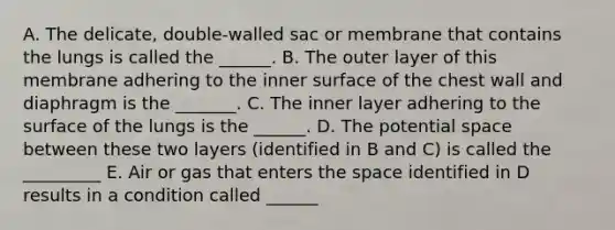 A. The delicate, double-walled sac or membrane that contains the lungs is called the ______. B. The outer layer of this membrane adhering to the inner surface of the chest wall and diaphragm is the _______. C. The inner layer adhering to the surface of the lungs is the ______. D. The potential space between these two layers (identified in B and C) is called the _________ E. Air or gas that enters the space identified in D results in a condition called ______