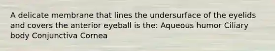 A delicate membrane that lines the undersurface of the eyelids and covers the anterior eyeball is the: Aqueous humor Ciliary body Conjunctiva Cornea