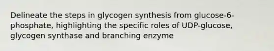 Delineate the steps in glycogen synthesis from glucose-6-phosphate, highlighting the specific roles of UDP-glucose, glycogen synthase and branching enzyme