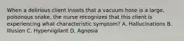 When a delirious client insists that a vacuum hose is a large, poisonous snake, the nurse recognizes that this client is experiencing what characteristic symptom? A. Hallucinations B. Illusion C. Hypervigilant D. Agnosia