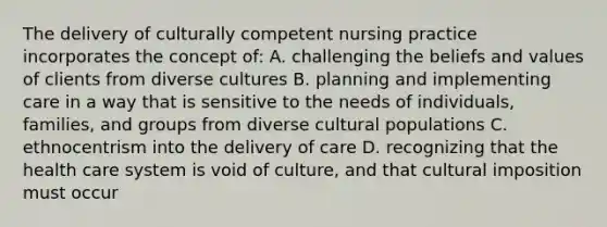 The delivery of culturally competent nursing practice incorporates the concept of: A. challenging the beliefs and values of clients from diverse cultures B. planning and implementing care in a way that is sensitive to the needs of individuals, families, and groups from diverse cultural populations C. ethnocentrism into the delivery of care D. recognizing that the health care system is void of culture, and that cultural imposition must occur