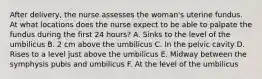 After delivery, the nurse assesses the woman's uterine fundus. At what locations does the nurse expect to be able to palpate the fundus during the first 24 hours? A. Sinks to the level of the umbilicus B. 2 cm above the umbilicus C. In the pelvic cavity D. Rises to a level just above the umbilicus E. Midway between the symphysis pubis and umbilicus F. At the level of the umbilicus