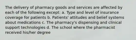 The delivery of pharmacy goods and services are affected by each of the following except: a. Type and level of insurance coverage for patients b. Patients' attitudes and belief systems about medications c. The pharmacy's dispensing and clinical support technologies d. The school where the pharmacist received his/her degree