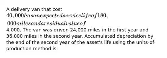 A delivery van that cost 40,000 has an expected service life of 180,000 miles and a residual value of4,000. The van was driven 24,000 miles in the first year and 36,000 miles in the second year. Accumulated depreciation by the end of the second year of the asset's life using the units-of-production method is: