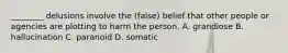 ________ delusions involve the (false) belief that other people or agencies are plotting to harm the person. A. grandiose B. hallucination C. paranoid D. somatic