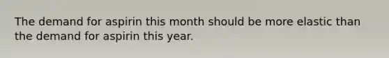 The demand for aspirin this month should be more elastic than the demand for aspirin this year.