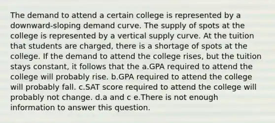 The demand to attend a certain college is represented by a downward-sloping demand curve. The supply of spots at the college is represented by a vertical supply curve. At the tuition that students are charged, there is a shortage of spots at the college. If the demand to attend the college rises, but the tuition stays constant, it follows that the a.GPA required to attend the college will probably rise. b.GPA required to attend the college will probably fall. c.SAT score required to attend the college will probably not change. d.a and c e.There is not enough information to answer this question.