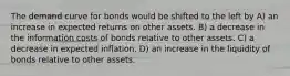 The demand curve for bonds would be shifted to the left by A) an increase in expected returns on other assets. B) a decrease in the information costs of bonds relative to other assets. C) a decrease in expected inflation. D) an increase in the liquidity of bonds relative to other assets.