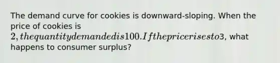 The demand curve for cookies is downward-sloping. When the price of cookies is 2, the quantity demanded is 100. If the price rises to3, what happens to consumer surplus?