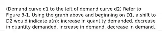 (Demand curve d1 to the left of demand curve d2) Refer to Figure 3-1. Using the graph above and beginning on D1, a shift to D2 would indicate a(n): increase in quantity demanded. decrease in quantity demanded. increase in demand. decrease in demand.