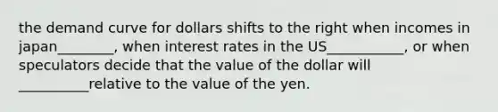 the demand curve for dollars shifts to the right when incomes in japan________, when interest rates in the US___________, or when speculators decide that the value of the dollar will __________relative to the value of the yen.