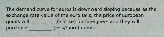 The demand curve for euros is downward sloping because as the exchange rate value of the euro falls, the price of European goods will __________ (fall/rise) for foreigners and they will purchase __________ (less/more) euros.