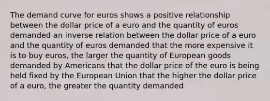 The demand curve for euros shows a positive relationship between the dollar price of a euro and the quantity of euros demanded an inverse relation between the dollar price of a euro and the quantity of euros demanded that the more expensive it is to buy euros, the larger the quantity of European goods demanded by Americans that the dollar price of the euro is being held fixed by the European Union that the higher the dollar price of a euro, the greater the quantity demanded