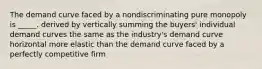 The demand curve faced by a nondiscriminating pure monopoly is _____. derived by vertically summing the buyers' individual demand curves the same as the industry's demand curve horizontal more elastic than the demand curve faced by a perfectly competitive firm