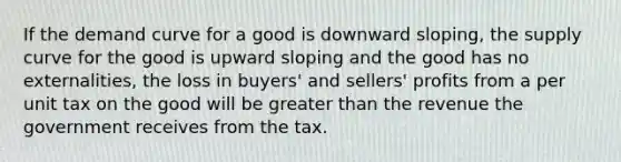 If the demand curve for a good is downward sloping, the supply curve for the good is upward sloping and the good has no externalities, the loss in buyers' and sellers' profits from a per unit tax on the good will be <a href='https://www.questionai.com/knowledge/ktgHnBD4o3-greater-than' class='anchor-knowledge'>greater than</a> the revenue the government receives from the tax.