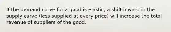 If the demand curve for a good is elastic, a shift inward in the supply curve (less supplied at every price) will increase the total revenue of suppliers of the good.