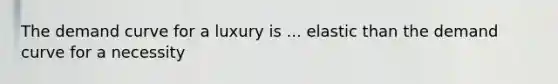 The demand curve for a luxury is ... elastic than the demand curve for a necessity