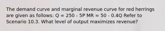 The demand curve and marginal revenue curve for red herrings are given as follows: Q = 250 - 5P MR = 50 - 0.4Q Refer to Scenario 10.3. What level of output maximizes revenue?