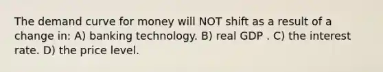 The demand curve for money will NOT shift as a result of a change in: A) banking technology. B) real GDP . C) the interest rate. D) the price level.