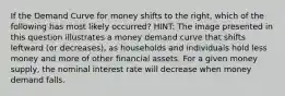 If the Demand Curve for money shifts to the right, which of the following has most likely occurred? HINT: The image presented in this question illustrates a money demand curve that shifts leftward (or decreases), as households and individuals hold less money and more of other financial assets. For a given money supply, the nominal interest rate will decrease when money demand falls.