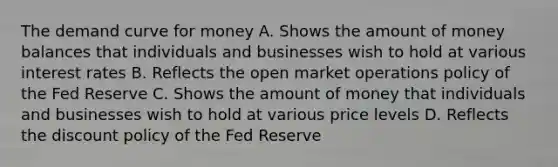 The demand curve for money A. Shows the amount of money balances that individuals and businesses wish to hold at various interest rates B. Reflects the open market operations policy of the Fed Reserve C. Shows the amount of money that individuals and businesses wish to hold at various price levels D. Reflects the discount policy of the Fed Reserve