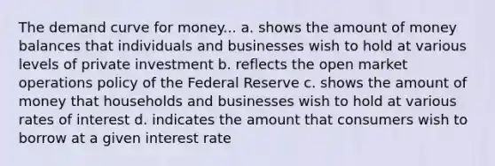 The demand curve for money... a. shows the amount of money balances that individuals and businesses wish to hold at various levels of private investment b. reflects the open market operations policy of the Federal Reserve c. shows the amount of money that households and businesses wish to hold at various rates of interest d. indicates the amount that consumers wish to borrow at a given interest rate