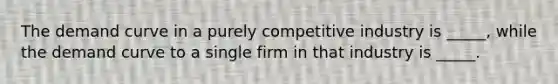 The <a href='https://www.questionai.com/knowledge/ka2tUMvON2-demand-curve' class='anchor-knowledge'>demand curve</a> in a purely competitive industry is _____, while the demand curve to a single firm in that industry is _____.