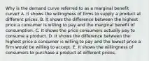 Why is the demand curve referred to as a marginal benefit​ curve? A. It shows the willingness of firms to supply a product at different prices. B. It shows the difference between the highest price a consumer is willing to pay and the marginal benefit of consumption. C. It shows the price consumers actually pay to consume a product. D. It shows the difference between the highest price a consumer is willing to pay and the lowest price a firm would be willing to accept. E. It shows the willingness of consumers to purchase a product at different prices.