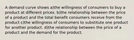 A demand curve shows a)the willingness of consumers to buy a product at different prices. b)the relationship between the price of a product and the total benefit consumers receive from the product c)the willingness of consumers to substitute one product for another product. d)the relationship between the price of a product and the demand for the product.