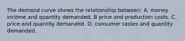 The demand curve shows the relationship between: A. money income and quantity demanded. B price and production costs. C. price and quantity demanded. D. consumer tastes and quantity demanded.