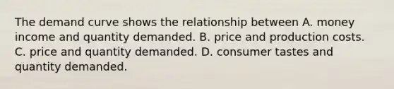 The demand curve shows the relationship between A. money income and quantity demanded. B. price and production costs. C. price and quantity demanded. D. consumer tastes and quantity demanded.