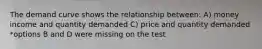 The demand curve shows the relationship between: A) money income and quantity demanded C) price and quantity demanded *options B and D were missing on the test