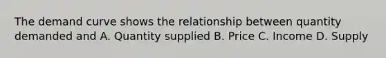 The demand curve shows the relationship between quantity demanded and A. Quantity supplied B. Price C. Income D. Supply