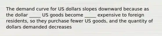 The demand curve for US dollars slopes downward because as the dollar _____ US goods become _____ expensive to foreign residents, so they purchase fewer US goods, and the quantity of dollars demanded decreases