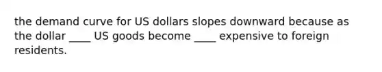 the demand curve for US dollars slopes downward because as the dollar ____ US goods become ____ expensive to foreign residents.