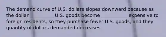 The demand curve of U.S. dollars slopes downward because as the dollar __________ U.S. goods become ___________ expensive to foreign residents, so they purchase fewer U.S. goods, and they quantity of dollars demanded decreases