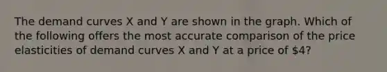 The demand curves X and Y are shown in the graph. Which of the following offers the most accurate comparison of the price elasticities of demand curves X and Y at a price of 4?