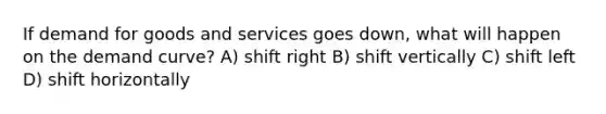 If demand for goods and services goes down, what will happen on the demand curve? A) shift right B) shift vertically C) shift left D) shift horizontally