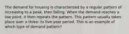 The demand for housing is characterized by a regular pattern of increasing to a peak, then falling. When the demand reaches a low point, it then repeats the pattern. This pattern usually takes place over a three- to five-year period. This is an example of which type of demand pattern?