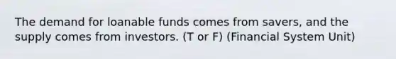 The demand for loanable funds comes from savers, and the supply comes from investors. (T or F) (Financial System Unit)