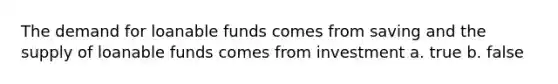 The demand for loanable funds comes from saving and the supply of loanable funds comes from investment a. true b. false