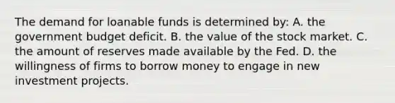 The demand for loanable funds is determined​ by: A. the government budget deficit. B. the value of the stock market. C. the amount of reserves made available by the Fed. D. the willingness of firms to borrow money to engage in new investment projects.