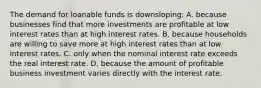 The demand for loanable funds is downsloping: A. because businesses find that more investments are profitable at low interest rates than at high interest rates. B. because households are willing to save more at high interest rates than at low interest rates. C. only when the nominal interest rate exceeds the real interest rate. D. because the amount of profitable business investment varies directly with the interest rate.